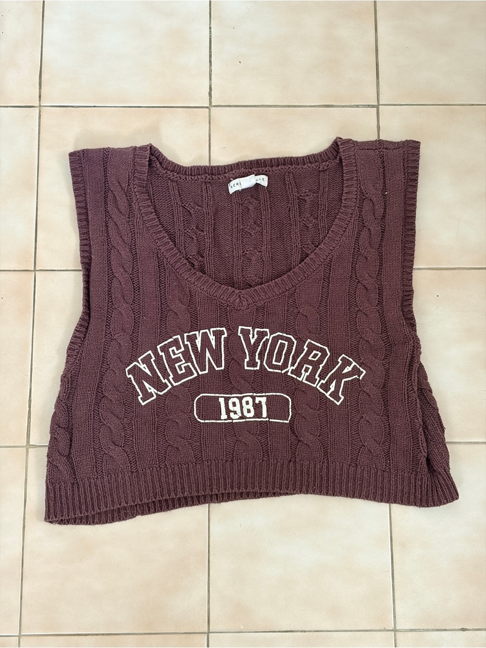 Aeropostale Brown Cable Knit Crop Vest with "New York 1987"